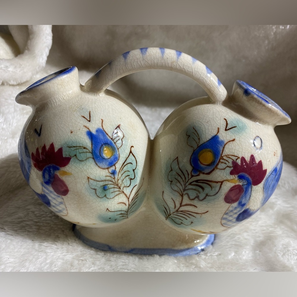 Vintage Nasco Hand painted Blue Multicolor Rooster Oil & Vinegar Cruet Set Japan